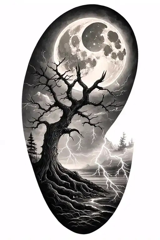 Viking Rume And Moon And Tree And Lightning Bolt Striking