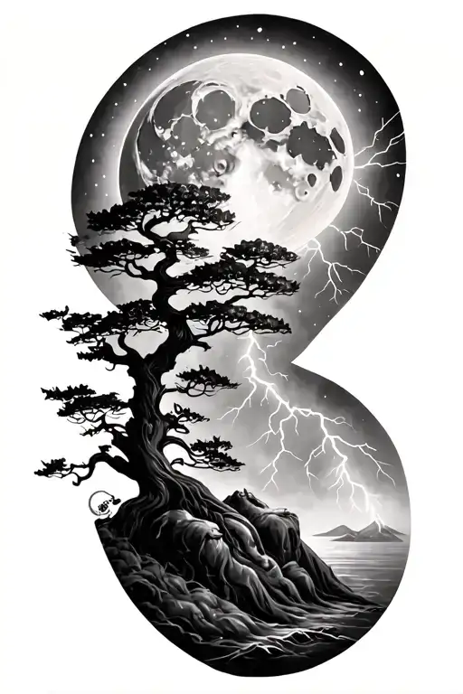 Viking Rume And Moon And Tree And Lightning Bolt Striking And Osiris