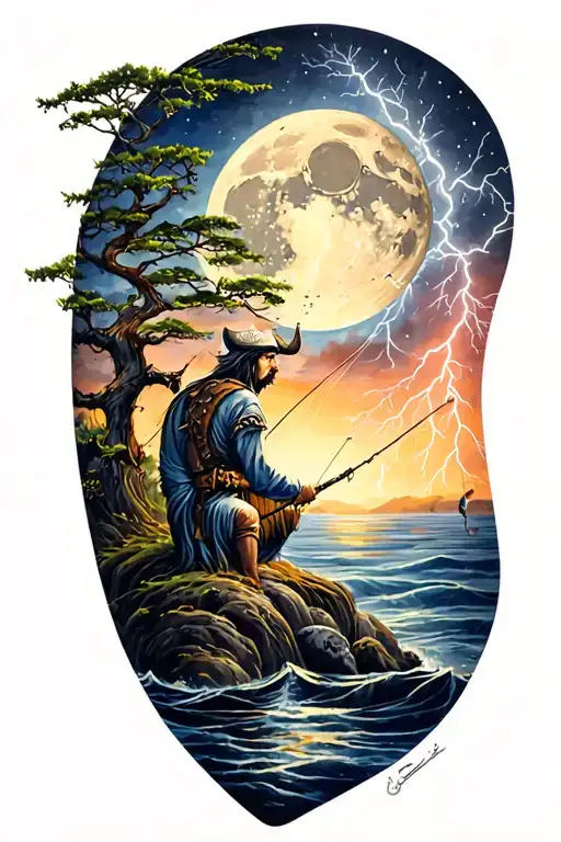 Viking Rume And Moon And Tree And Lightning Bolt Striking And Fishing