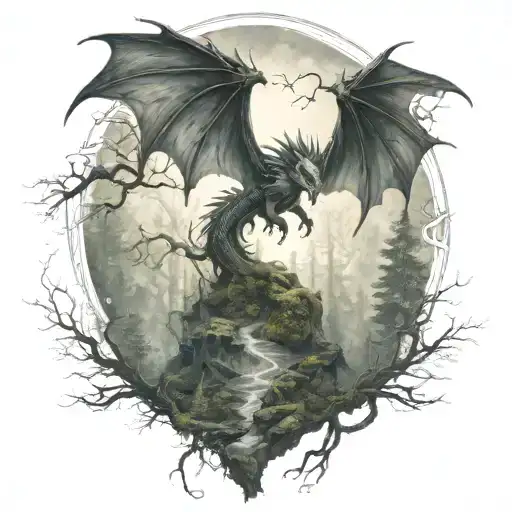 A Mystical Forest With A Dragon Flying In The Sky