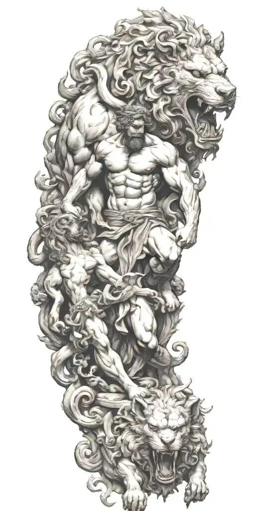 Hercules Fighting Cerberus With A Lot Of Details In An Old Ancient Greek Design