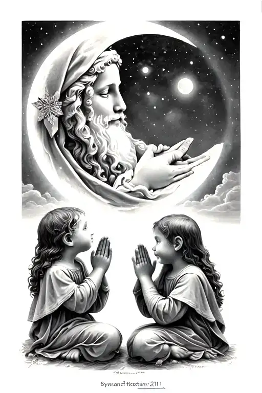 Santa Maria With 2 Kids Praying Hands Holding Looking Up To The Moon