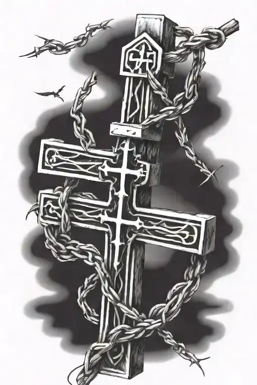 A Detailed Blackwork Design Of Barbed Wire Wrapping Around A Cross With A Biblical Verse Above It