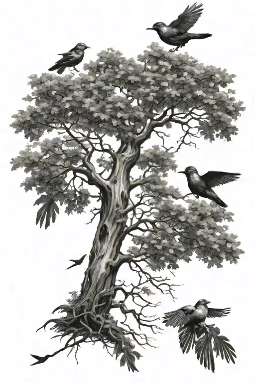 Tree With Branches And Birds Flying Away