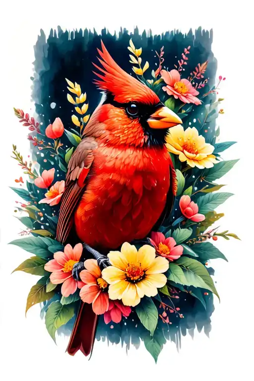 Majestic Looking Cardinal With Wild Flowers Intertwined