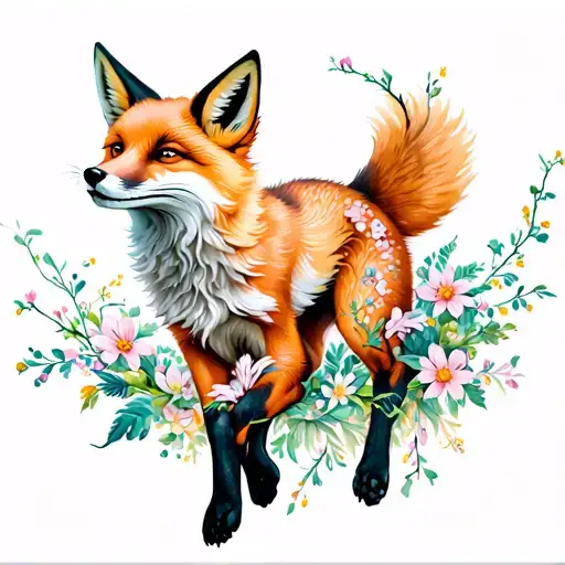 A Running Kitsune Fox With Two Tails Fluttering Behind Her In Flowers
