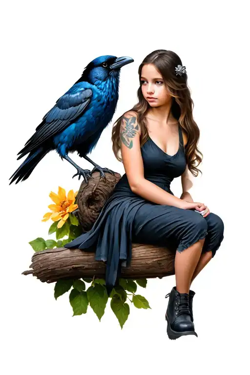 Girl And Crow Sitting On Top