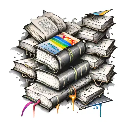 Torn Books Surrounded By Typed Letters And Small Drops Of Rainbow Ink