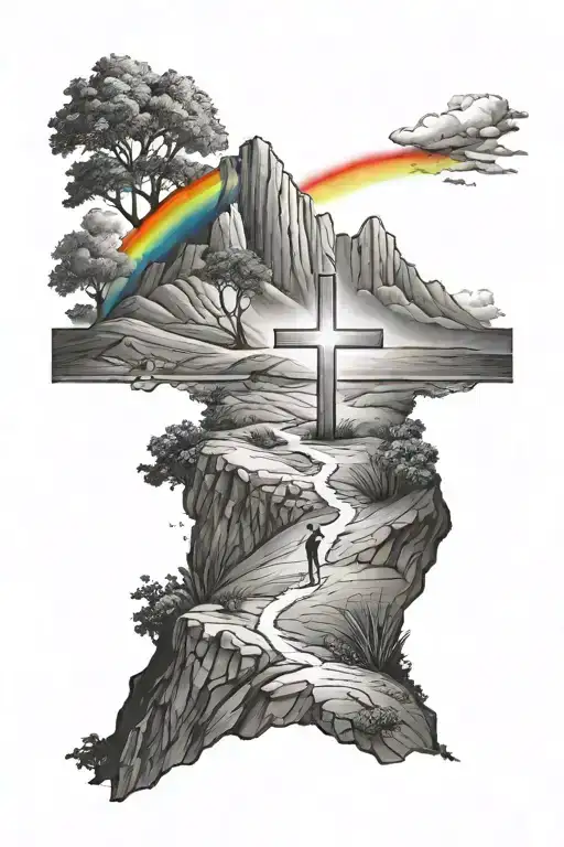 Cross On A Hill With A Rainbow In The Background Black