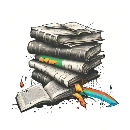 Small Stack Of Torn Books Surrounded By Typed Letters And Small Drops Of Rainbow Ink