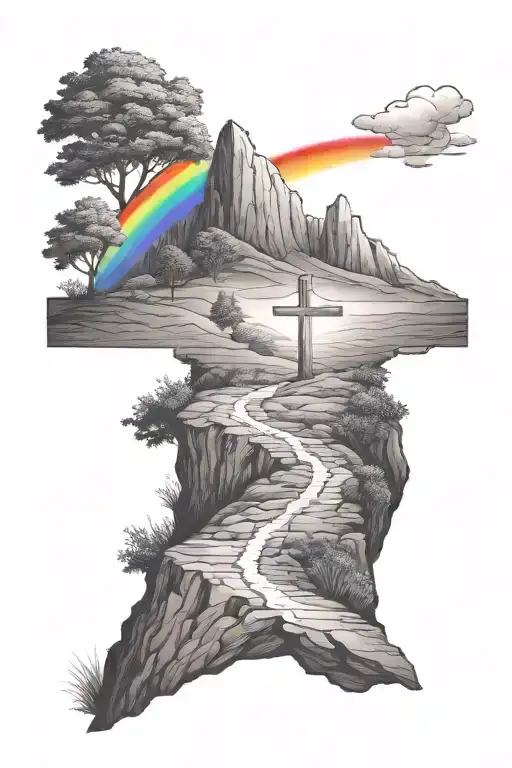 Cross On A Hill With A Rainbow In The Background Black