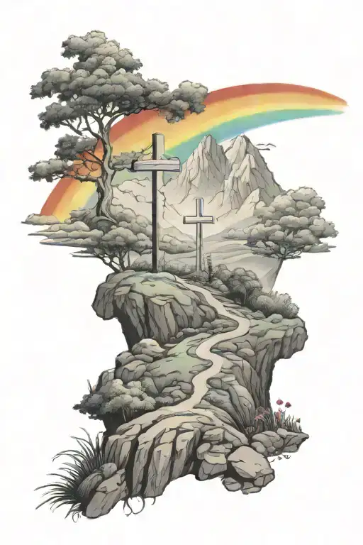 Cross On A Hill With A Rainbow In The Background Black