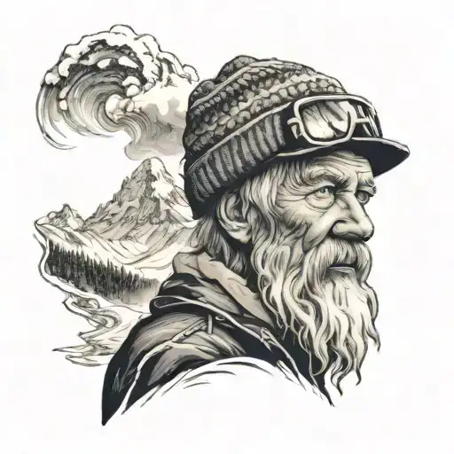 Alaskan Mountain Scene With A Salty Old Man Winter Wearing A Beanie Blowing And Avalanche Down