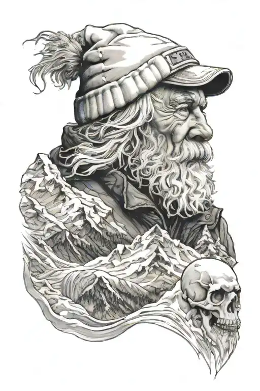 Alaskan Mountain Scene With A Salty Old Man Winter Wearing A Beanie Blowing An Avalanche Down