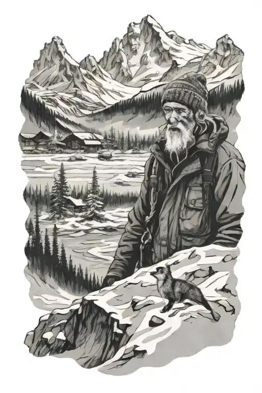 Alaskan Mountain Scene With A Salty Old Man Winter Wearing A Beanie Above