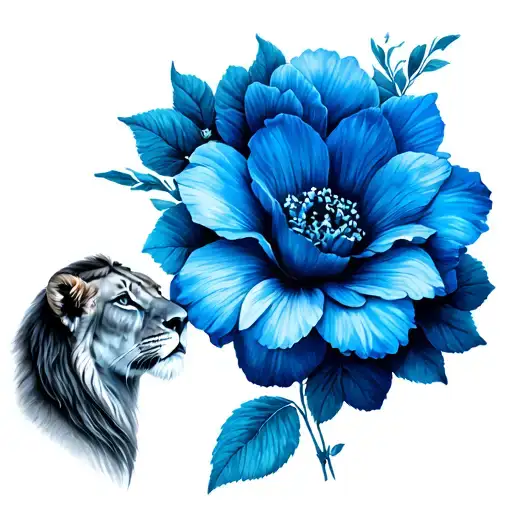 Lioness Mother And Daughter Tattoo Design Featuring A Blue Mnd Flower