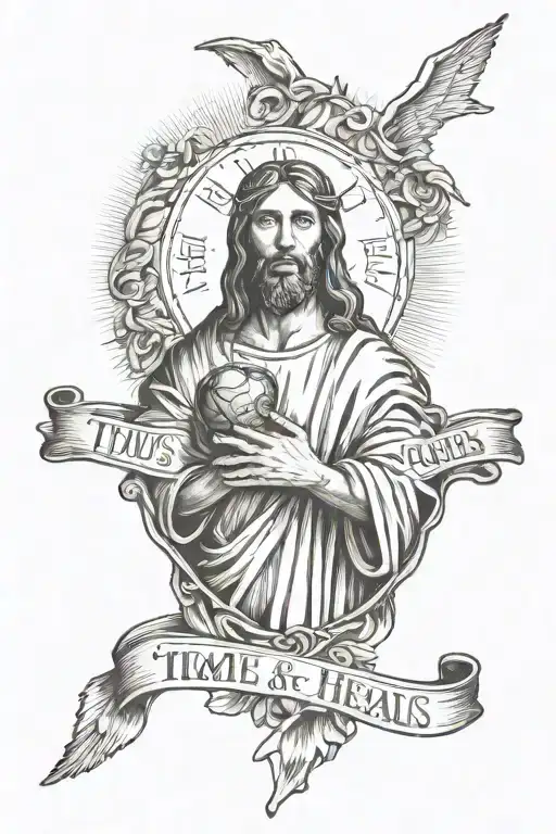Jesus Holding A Heart Saying Time Heals All Wounds