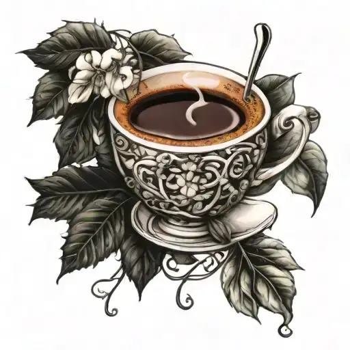 A Realistic Cup Of Coffee With Vines Of Fruit Surrounding It