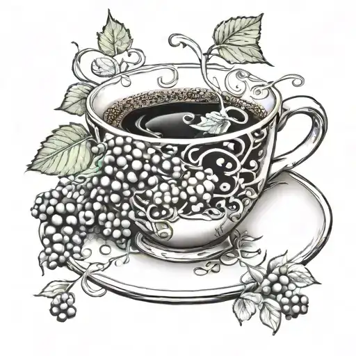 A Realistic Cup Of Coffee With Vines Of Many Different Types Of Fruit Surrounding It
