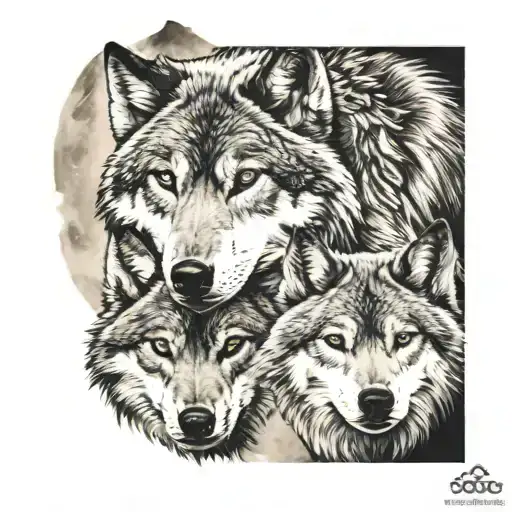 Wolf Head And Wolf Family With Full Moon
