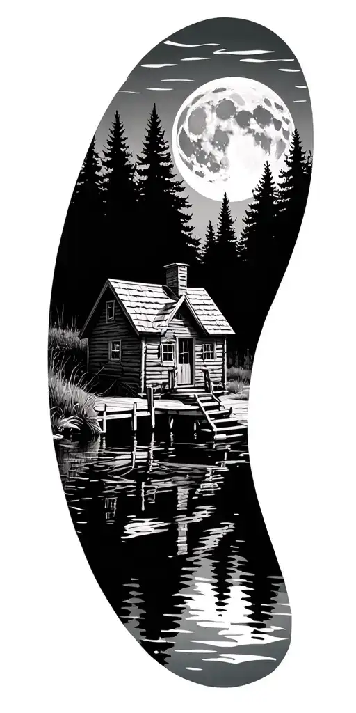 Small Dock Next To A Cabin On A Forest Pond Under The Moon