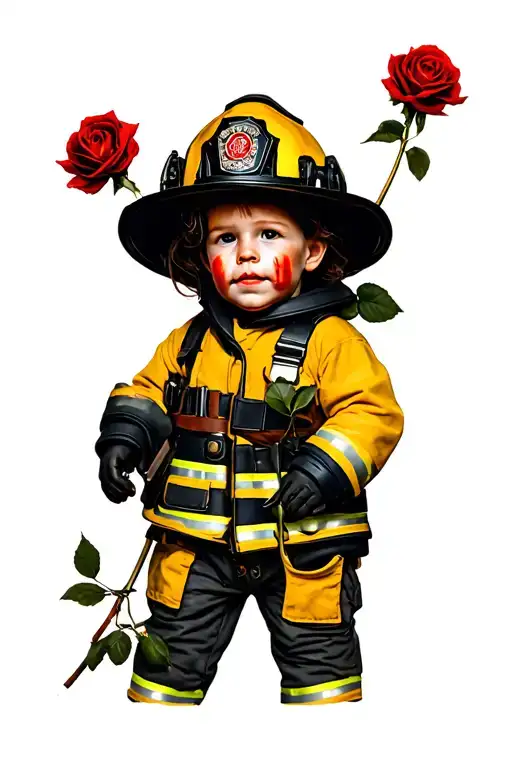 Child's Play With Firefighter Gear On With A Dead Rose In Hand