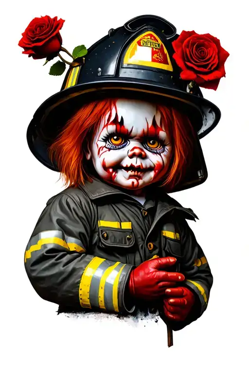 Chucky With Firefighter Gear On With A Dead Rose In Hand