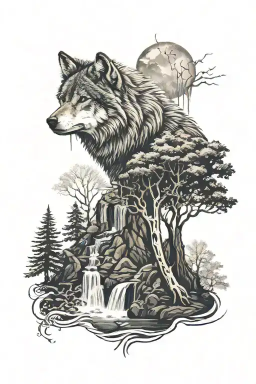 Wolf With Trees And Waterfalls In The Background