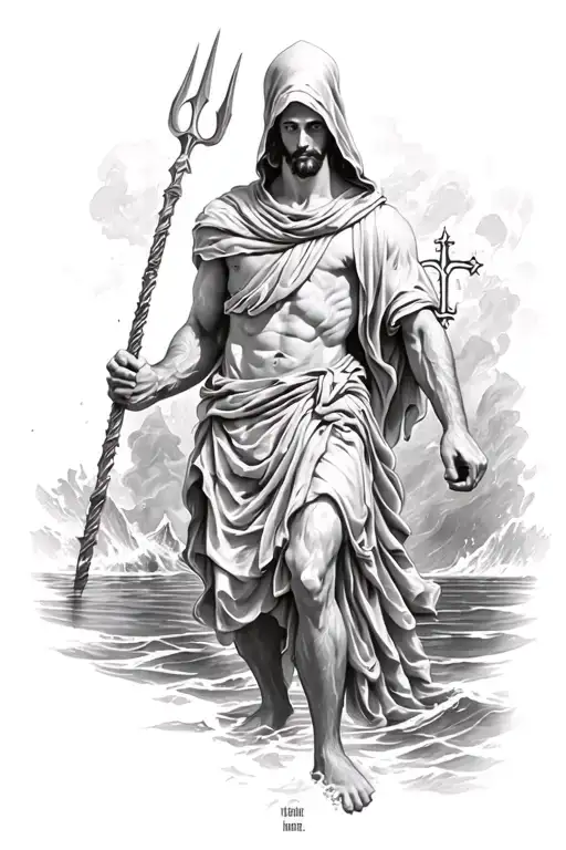 Faceless Hooded Saint Christopher Full Body Holding Water Trident