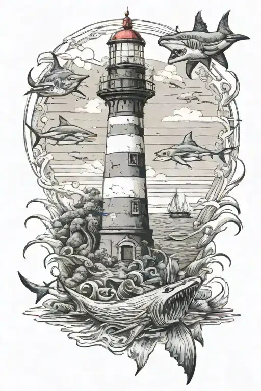 Lighthouse With Sharks In The Water And Cannons On The Shoreline