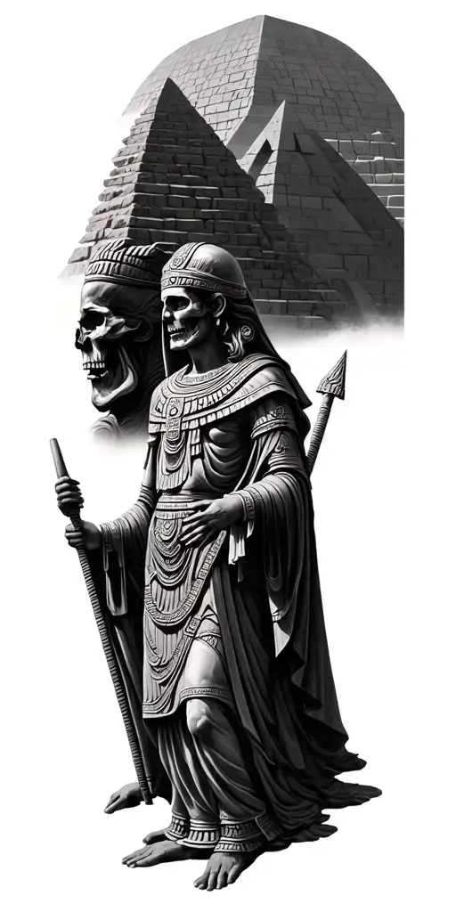 Ancient Pyramids From Different Cultures With The God Of Death From Each Culture Standing Next To It