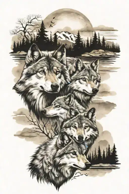 A Family Of Five Wolves Representing Family With A Moutain Background