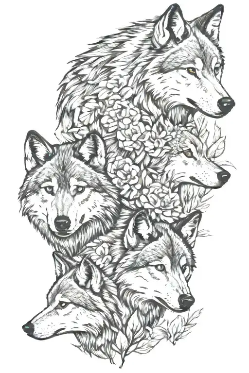 A Family Of Five Wolves Representing Family With A Flower Background