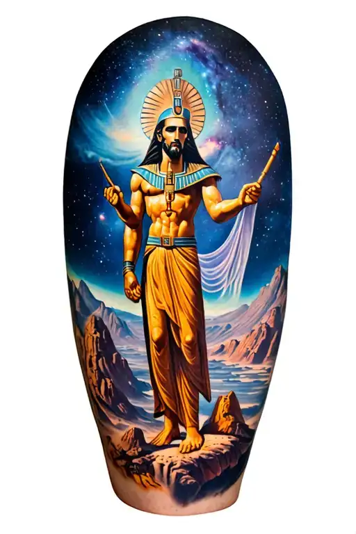 Galaxy Landscape With Technology Tattoo Featuring God Osiris