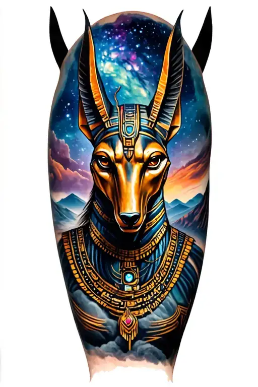 Galaxy Landscape With Technology Tattoo Featuring God Anubis