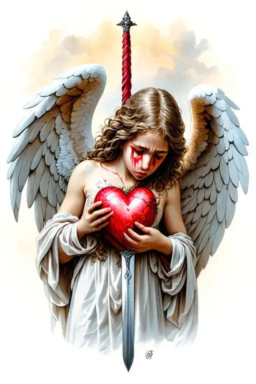 An Angel Crying With A Heart Pierced By A Sword