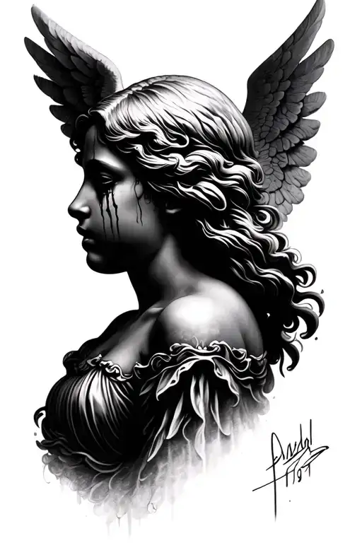 An Angel Crying That Is In Profile And With A Black Background