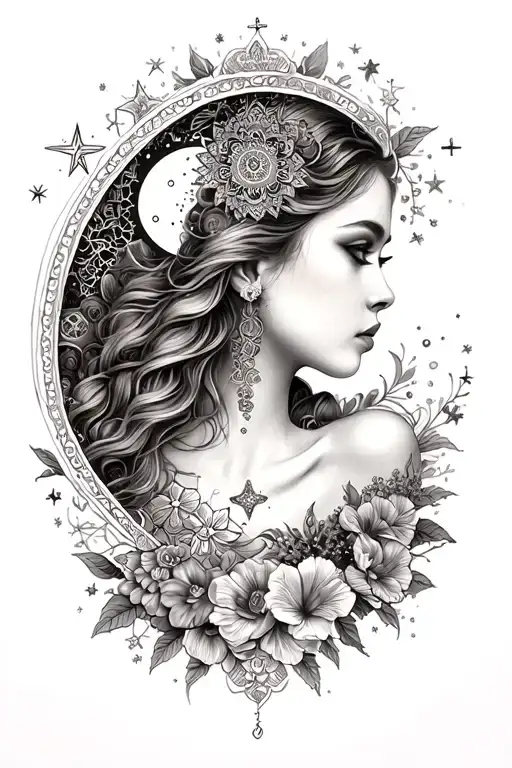 Female Woman With Star And Moon And Flowers And Mandala