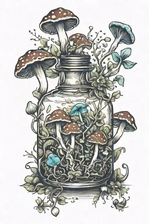 Potion Bottle With Psychedelic Mushrooms All Around It