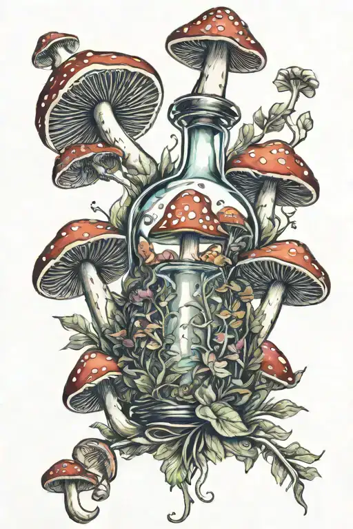Potion Bottle With Psychedelic Mushrooms All Around It