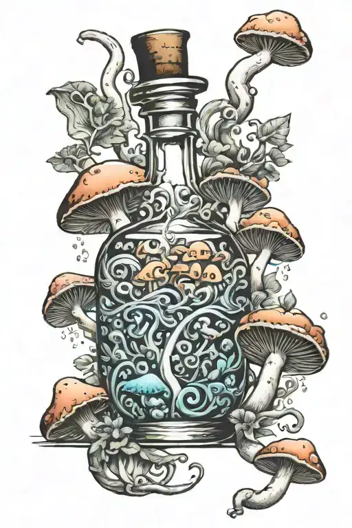 Potion Bottle With Psychedelic Mushrooms All Around It