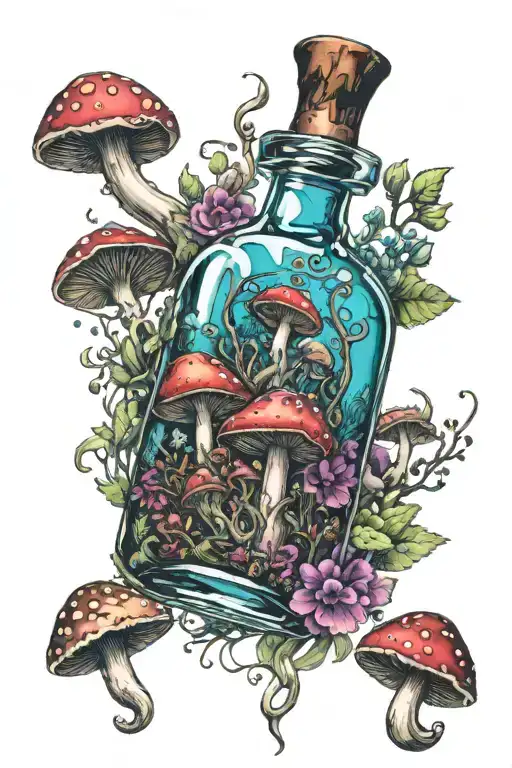 Potion Bottle With Psychedelic Mushrooms All Around It