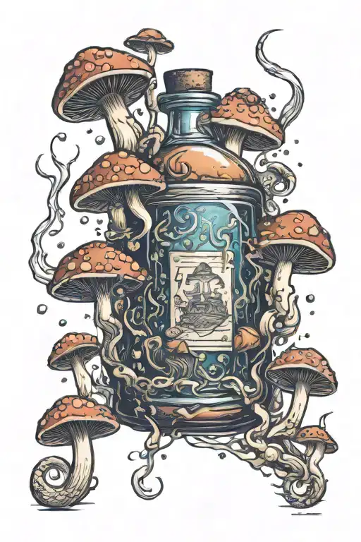 Liquid-filled Potion Bottle With Psychedelic Mushrooms All Around It