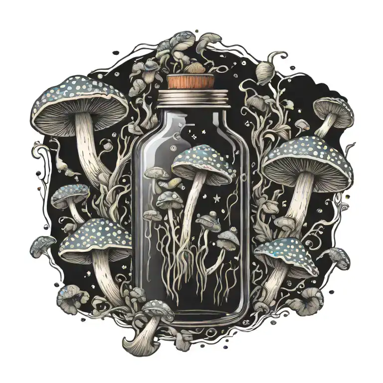 Liquid-filled Potion Bottle With Psychedelic Mushrooms All Around It
