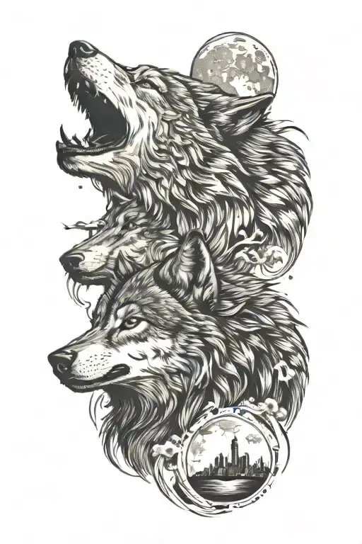 Wolf Howling And Moon Surrounded