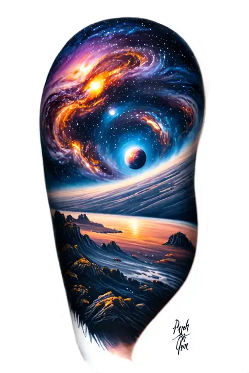 Galaxy Landscape With Technology Tattoo Sketch