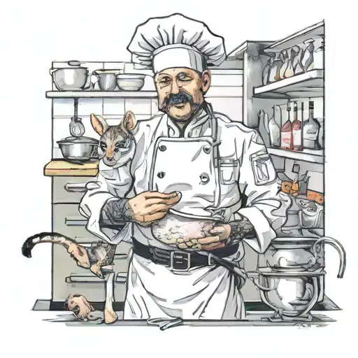 A Realistic Portrait Of A Chef With Their Favorite Animal Companion In A Kitchen Setting