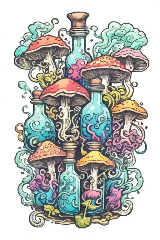 Liquid-filled Potion Bottles With Colorful Smoke And Color Filling Psychedelic Mushrooms Everywhere