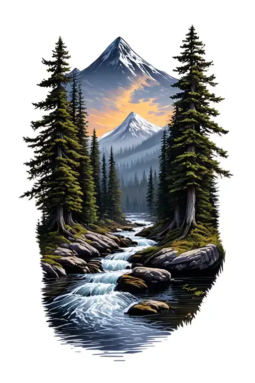Forest With River Flowing And Mountain In Background Lighting