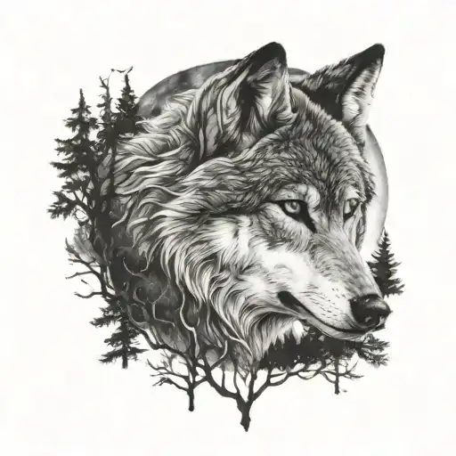 Wolf With A Moon Behind And A Forest Below